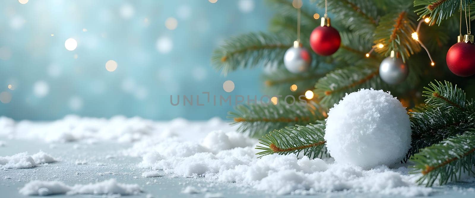 A winter-inspired blue Christmas background with a snowball ornament, decorated with fir branches, garlands, and festive holiday elements, creating a whimsical holiday setting