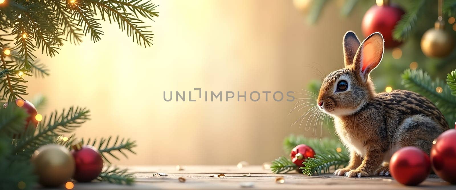 A charming holiday scene featuring a golden background with a cute rabbit surrounded by festive decor. Fir branches, garlands, and Christmas ornaments add seasonal warmth to this enchanting setup, creating a cozy, holiday-inspired atmosphere with a touch of elegance, perfect for Christmas or New Year themes