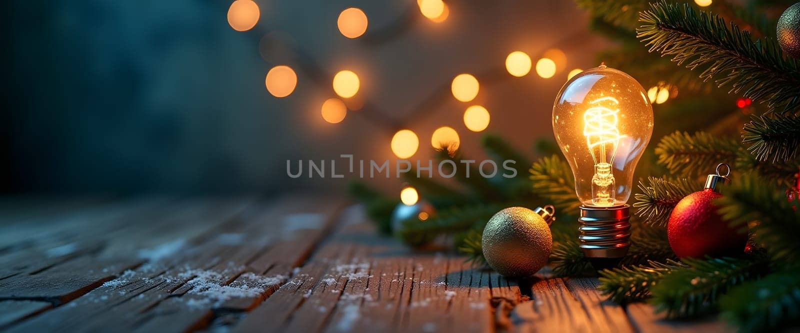 A cozy Christmas setting with a rustic wooden floor illuminated by a warm light bulb, surrounded by fir branches, glimmering garlands, and traditional holiday ornaments. This scene captures the essence of a warm, festive holiday ambiance
