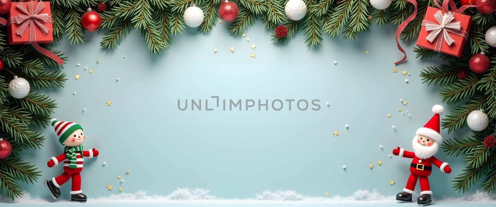 A playful blue Christmas scene with Santa and boy figurines, decorated with fir branches, garlands, and festive ornaments, perfect for adding holiday charm and joy