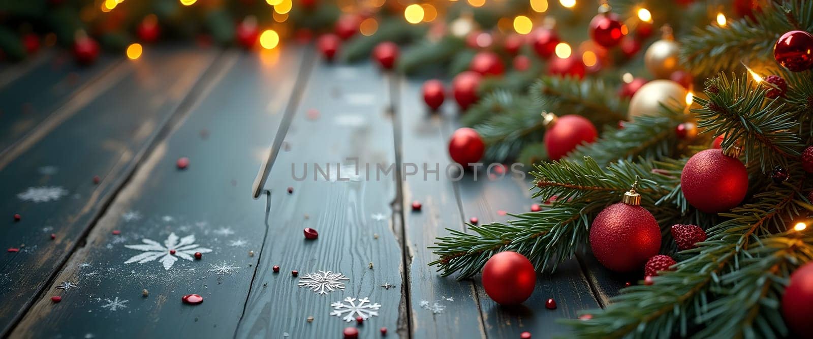 A festive holiday scene featuring a dark blue wooden floor decorated with red ornaments, fir branches, garlands, and other Christmas decorations, creating a cozy and elegant seasonal ambiance