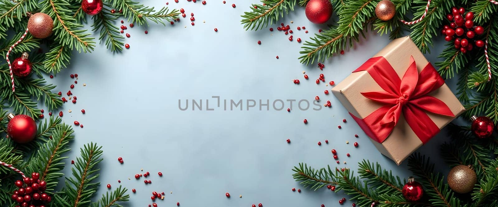 A charming Christmas scene with a blue background featuring a neatly wrapped gift box adorned with a vibrant red ribbon. Surrounded by fir branches, twinkling garlands, and holiday ornaments, this festive background brings warmth and joy to holiday presentations