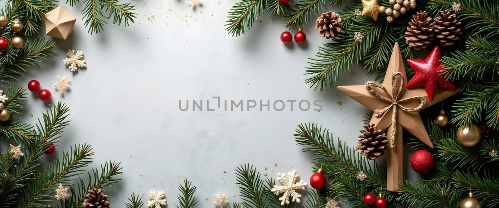 A bright holiday scene with a star tree topper surrounded by fir branches, garlands, and festive decorations, bringing warmth and elegance to the Christmas display