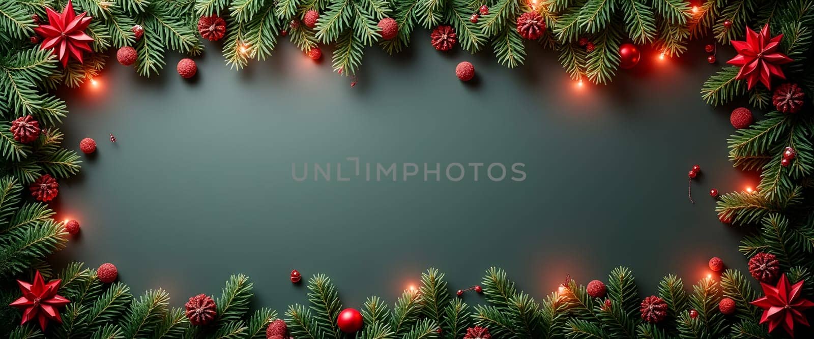 A cozy Christmas scene on a dark blue background decorated with fir branches, garlands, and festive ornaments, creating a warm and elegant holiday atmosphere