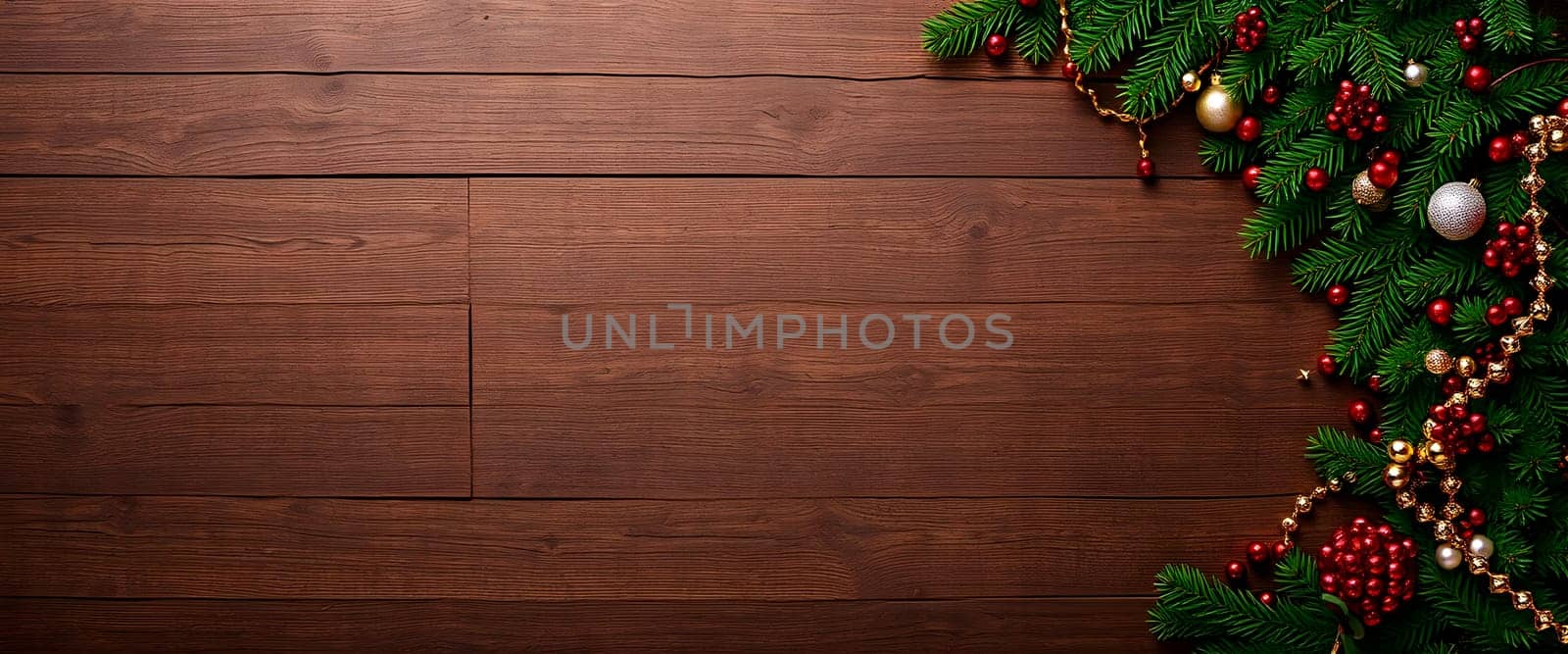 A warm holiday setting on a brown wooden floor, adorned with fir branches, garlands, and Christmas ornaments, creating a rustic and inviting holiday atmosphere
