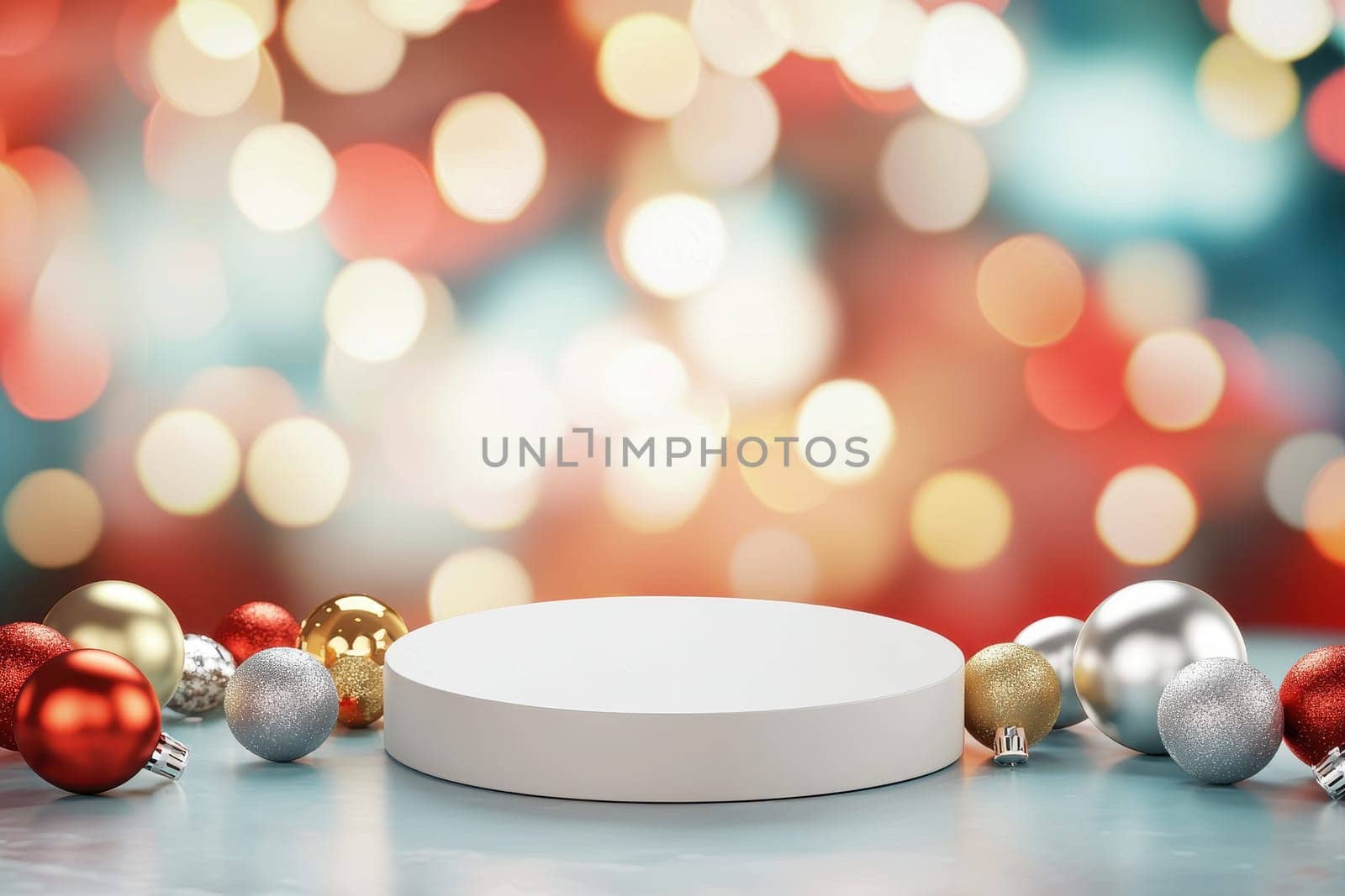 A white pedestal with a red and blue background and a bunch of shiny balls on it. The balls are of different sizes and colors, and they are scattered around the pedestal. The scene gives off a festive