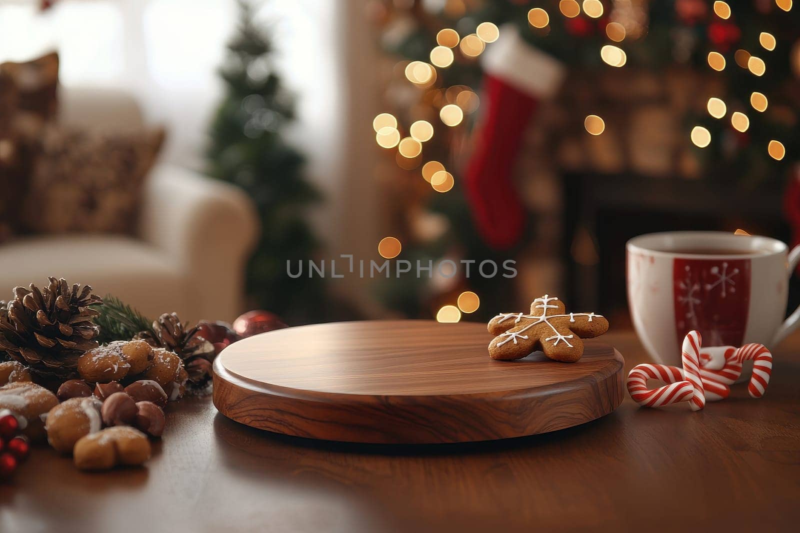 A wooden tray with a cookie and a cup of tea on it. The tray is empty and the cookie is a gingerbread man. The scene is set in a cozy living room with a Christmas tree in the background