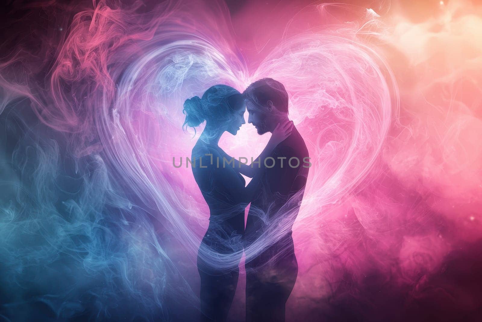 A couple is hugging in a heart. The heart is surrounded by smoke. Scene is romantic and intimate