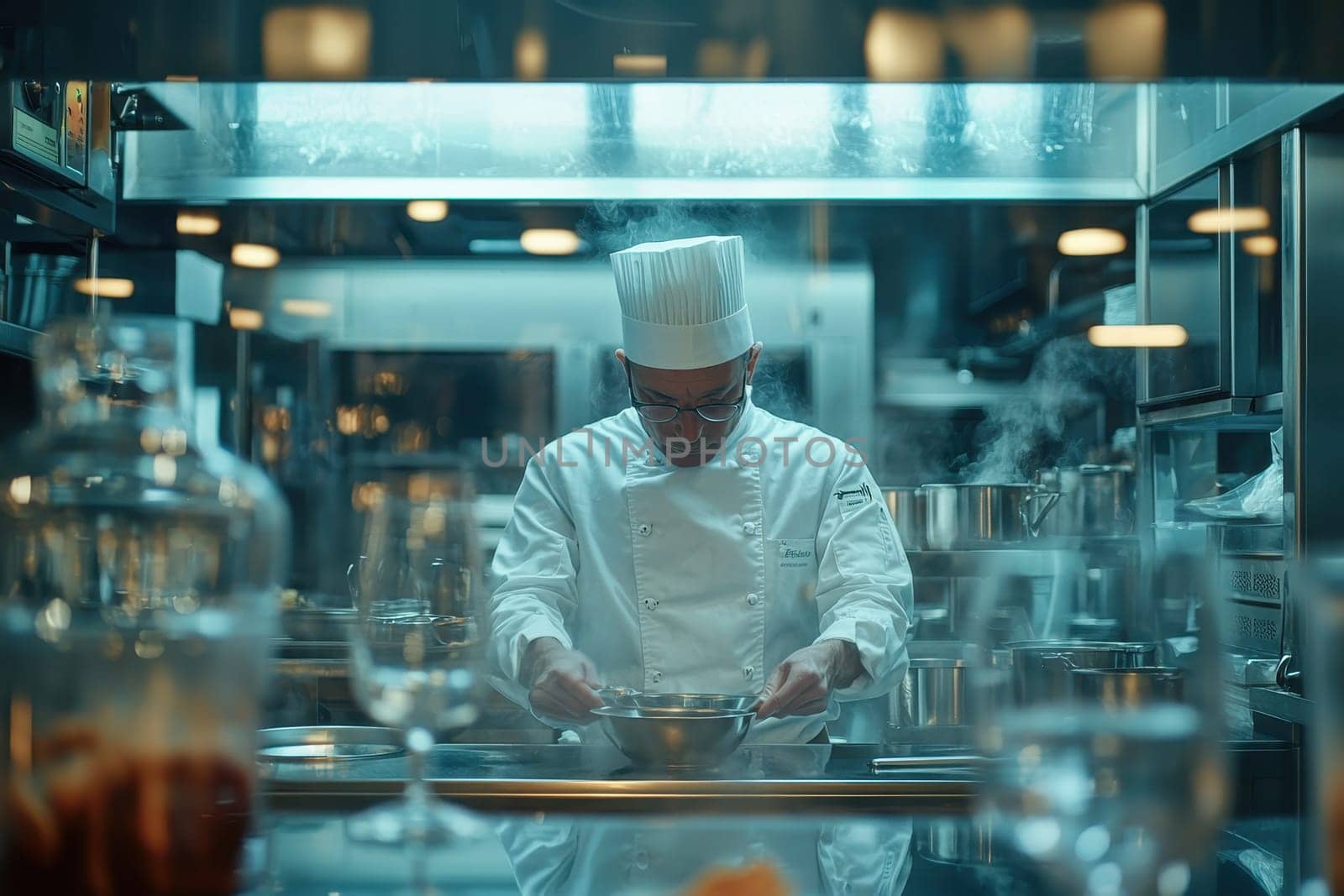 A chef is cooking in a kitchen with a lot of pots and pans. The chef is wearing a white hat and glasses. The kitchen is very busy and has a lot of activity