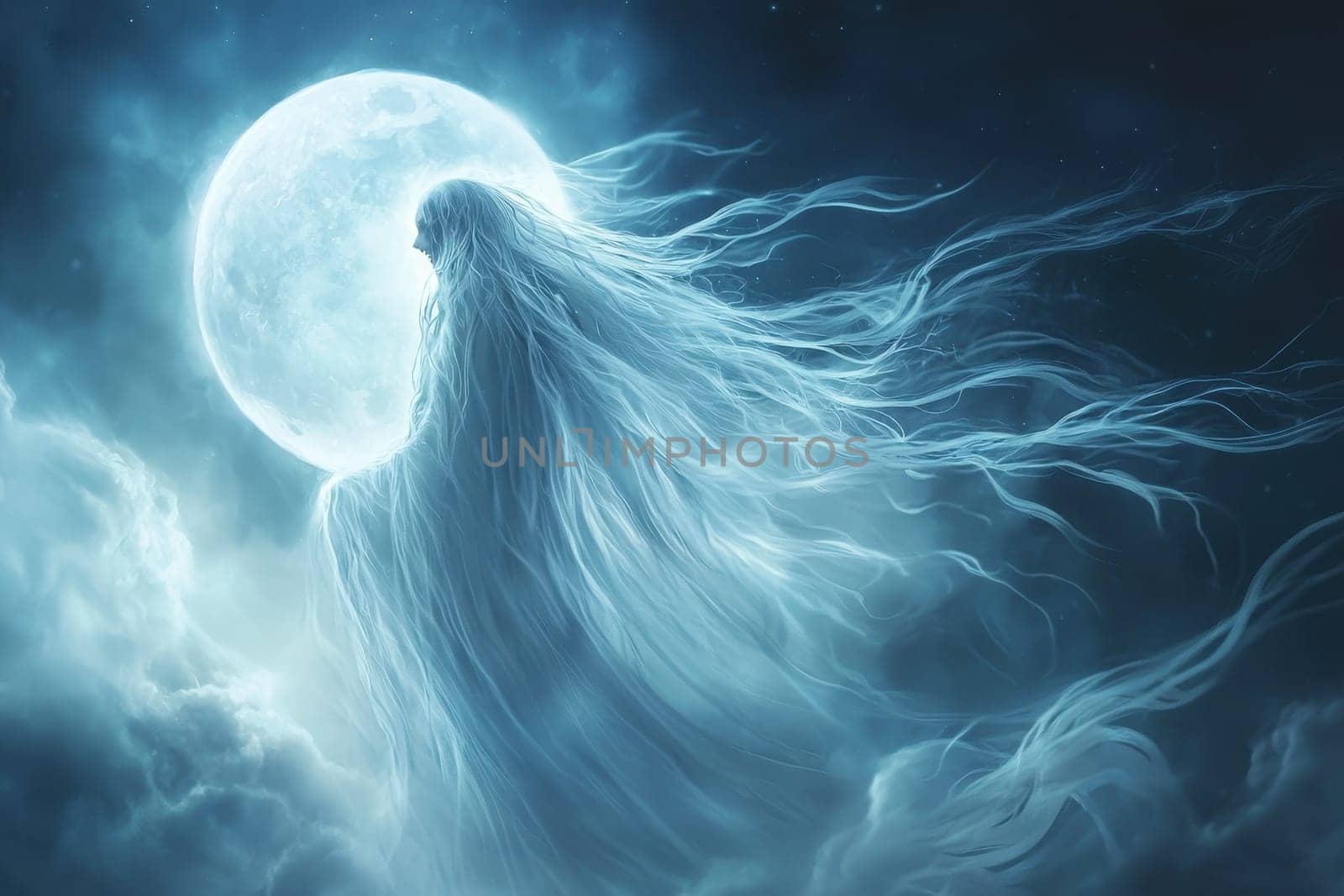 A woman with long hair is standing in front of a large blue moon. The image has a mystical and ethereal feel to it, with the woman's long hair and the moon's luminous glow creating a sense of wonder