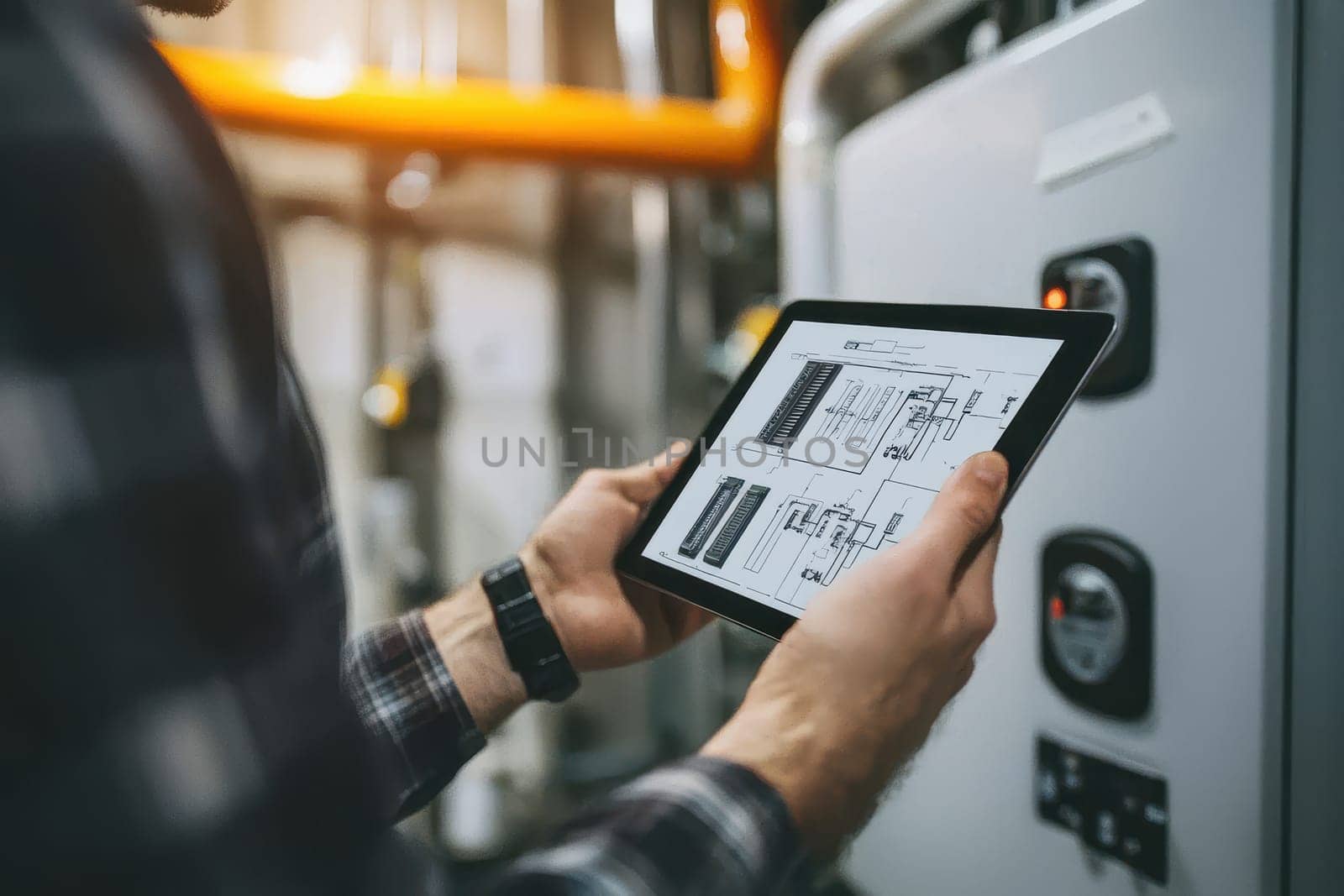 A man is holding a tablet and looking at a drawing of a building. The drawing shows a complex system of pipes and valves. The man is studying the drawing