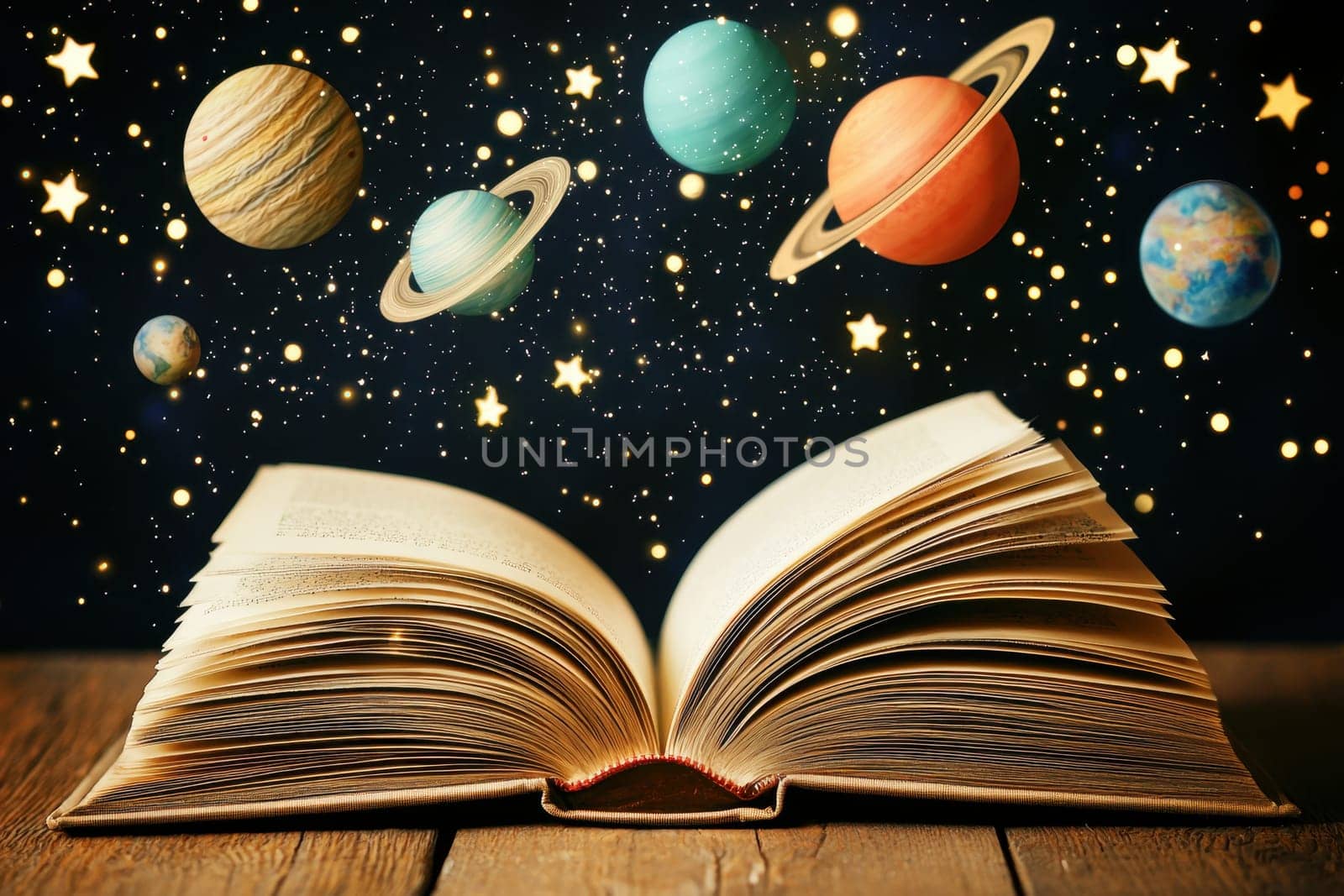 A book is open to a page with a picture of the solar system on it. The book is on a wooden table