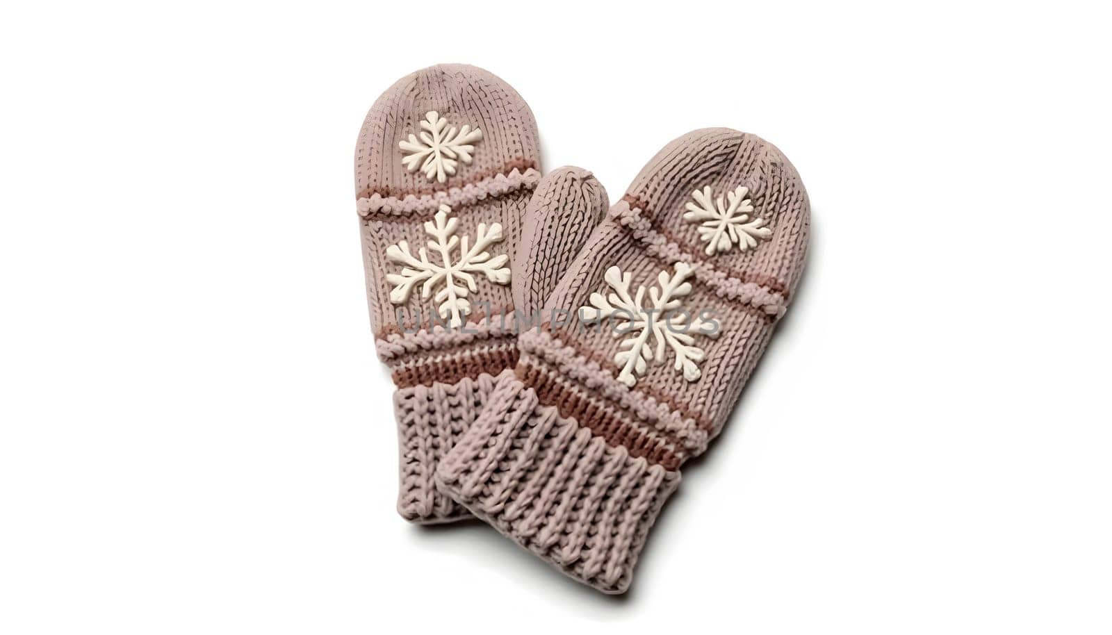 A pair of cozy woolen mittens decorated with snowflake patterns, fully isolated against a white background, emphasizing their warmth and texture. Ideal for winter themes and cozy holiday visuals