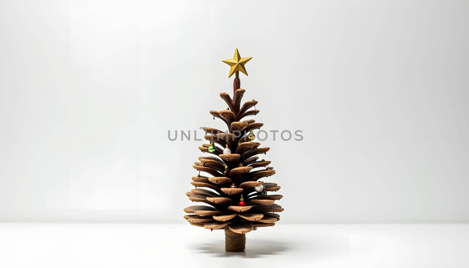 A mini Christmas tree made of pinecones, decorated with tiny ornaments, fully isolated to highlight its rustic and festive details. Perfect for cozy holiday themes and natural decor