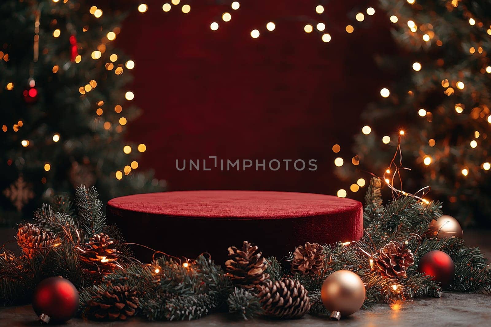 A red velvet pedestal with a red background and a bunch of Christmas decorations. Scene is festive and joyful