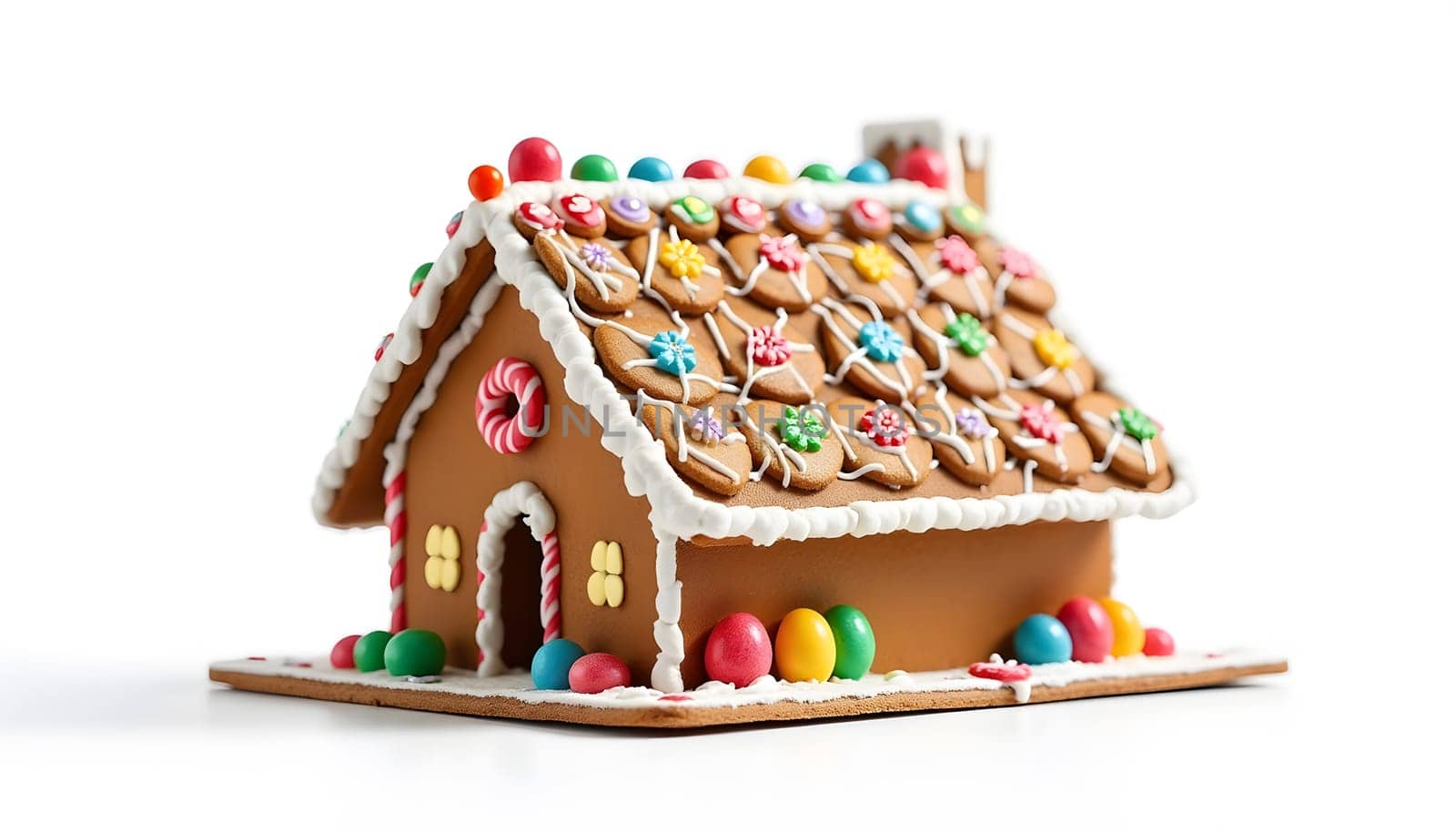 A beautifully decorated gingerbread house, complete with icing and colorful candies, capturing the magic and tradition of Christmas. Ideal for festive displays, holiday gatherings, and sweet seasonal treats