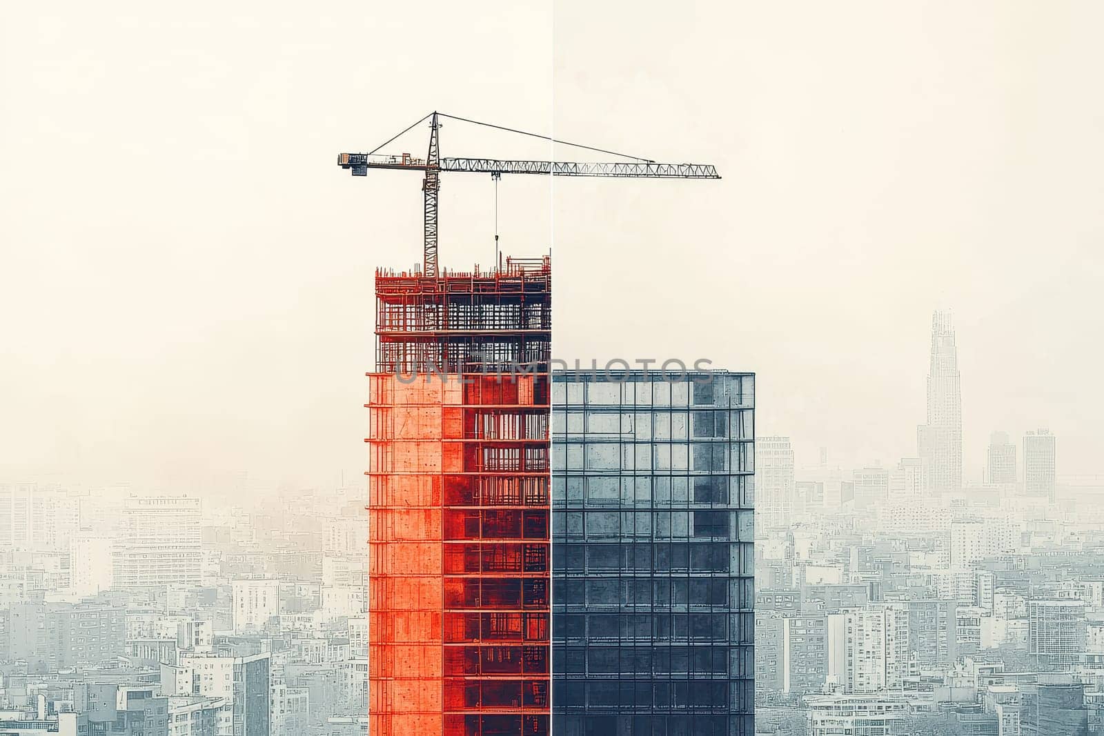 A crane is seen in front of a tall building. The crane is red and white. The building is tall and has a lot of windows. The city below the building is busy and bustling