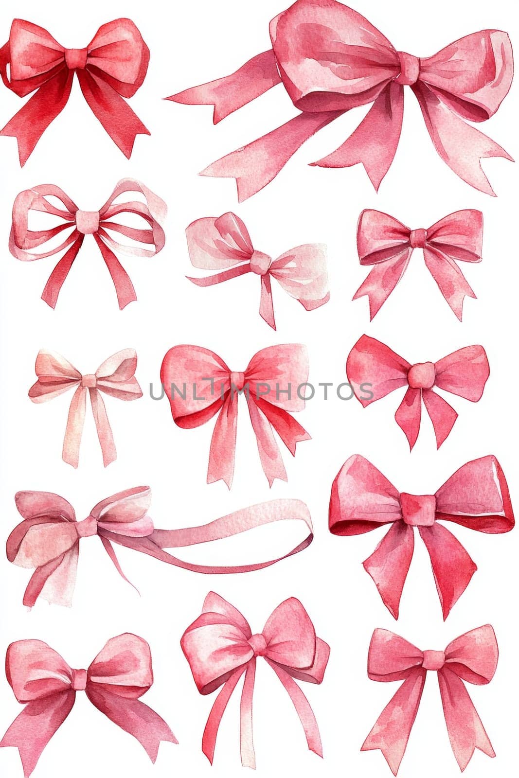 Bows for festive gift wrapping painted with watercolor paint. High quality photo