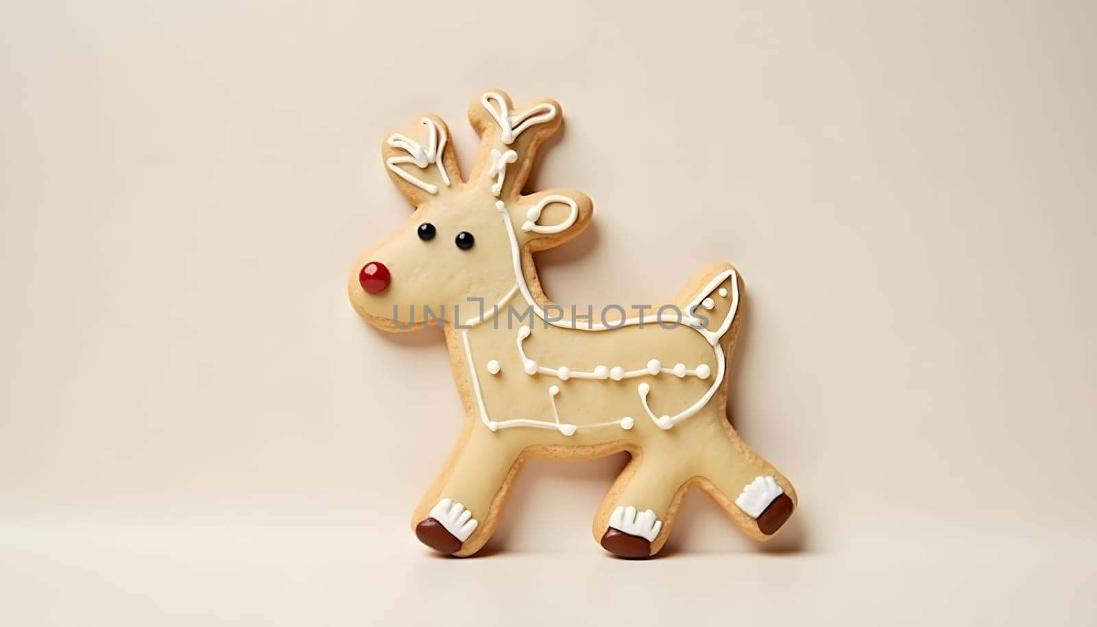 A delightful reindeer-shaped gingerbread cookie decorated with icing, capturing the warmth and charm of the holiday season. Perfect for Christmas celebrations, gift ideas, and seasonal treats