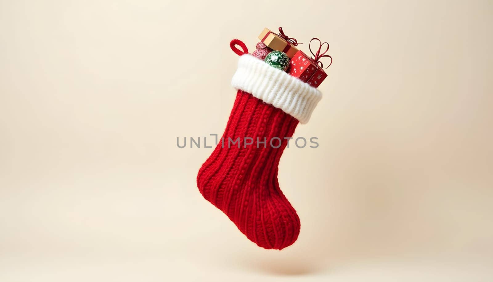 A cozy knitted Christmas stocking filled with gifts, isolated on a light-colored background, emphasizing its textures and patterns. Perfect for festive visuals and holiday warmth