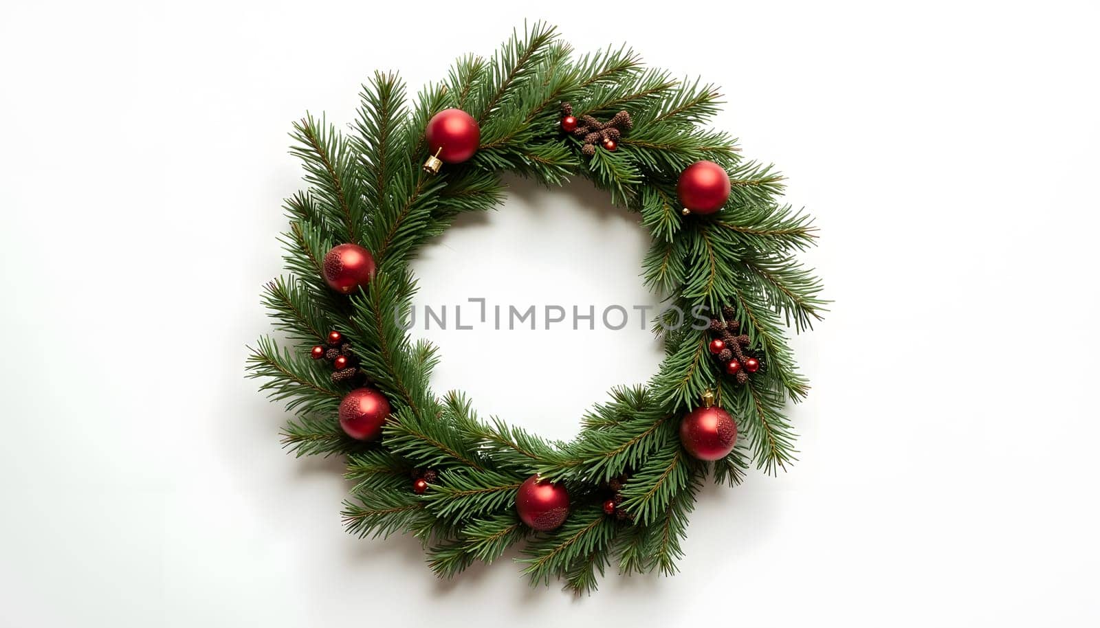 An elegant Christmas wreath made of pine branches and ornaments, fully isolated on a neutral background. Perfect for holiday decor themes and seasonal elegance