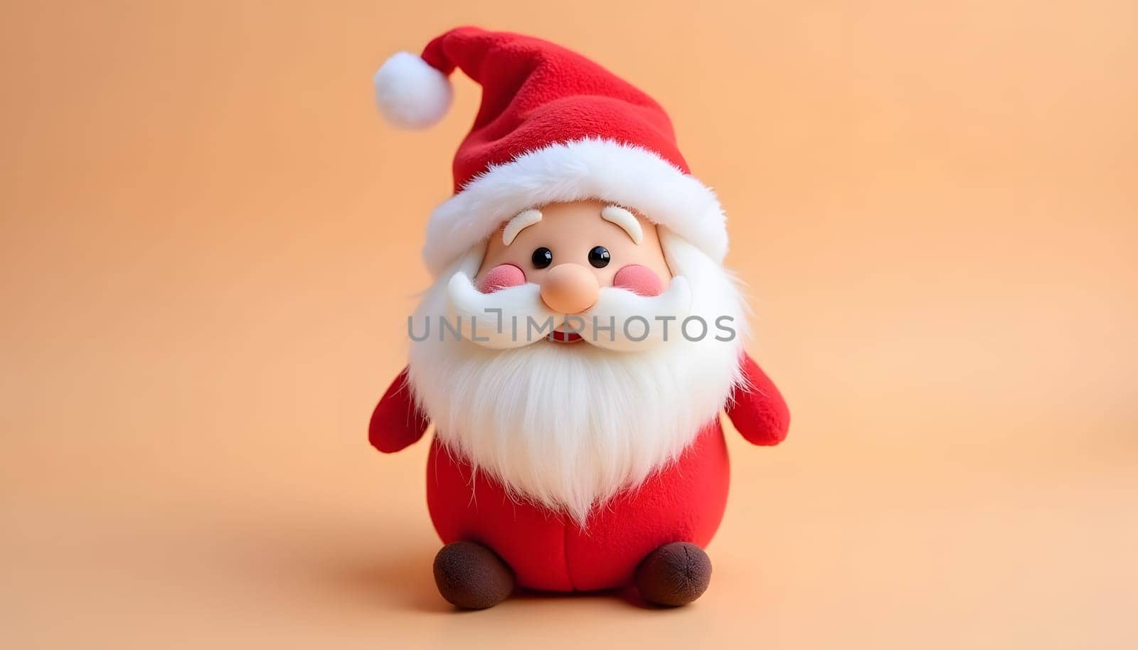 A cute plush Santa Claus figurine, fully isolated on a bright background, emphasizing its cheerful expression and details. Perfect for festive themes and holiday decorations