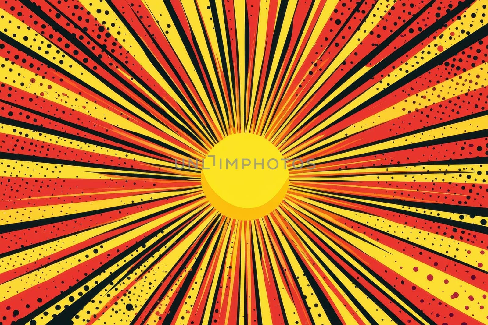 A yellow sun with red and black stripes. The sun is surrounded by a lot of dots. The sun is the center of the image