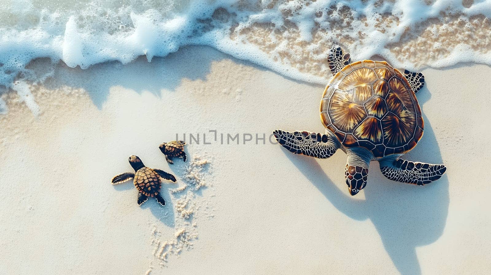 Adult sea turtle and babies on white sandy beach with ocean waves, copy space available, natural parenting behavior in marine wildlife.