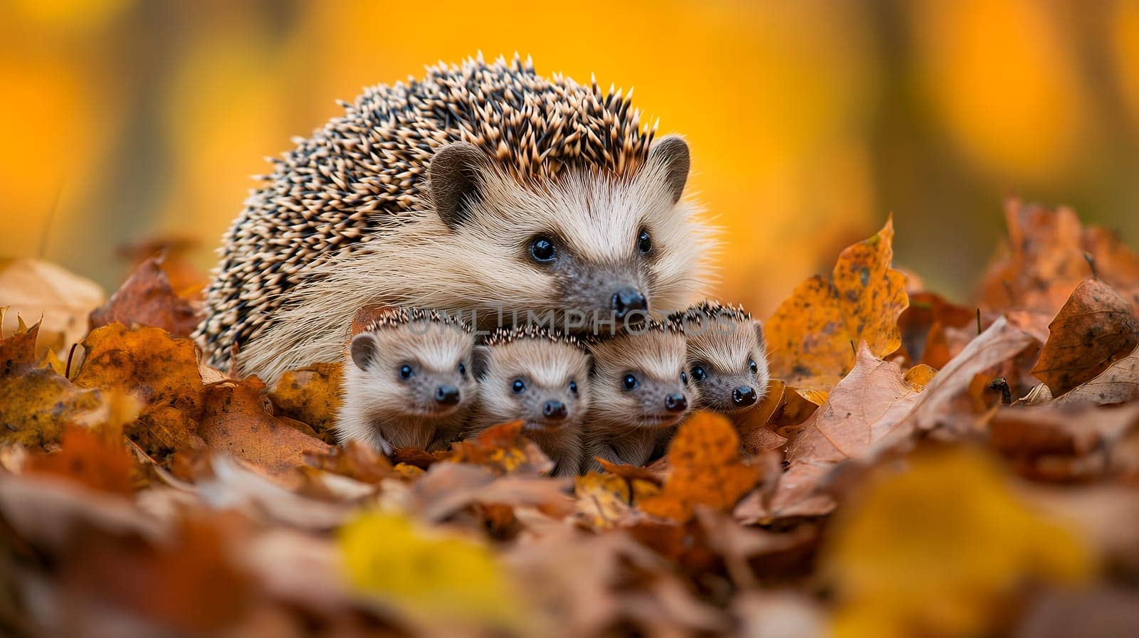 Mother hedgehog with four babies nestled in colorful autumn leaves, creating heartwarming wildlife scene with orange and yellow background.