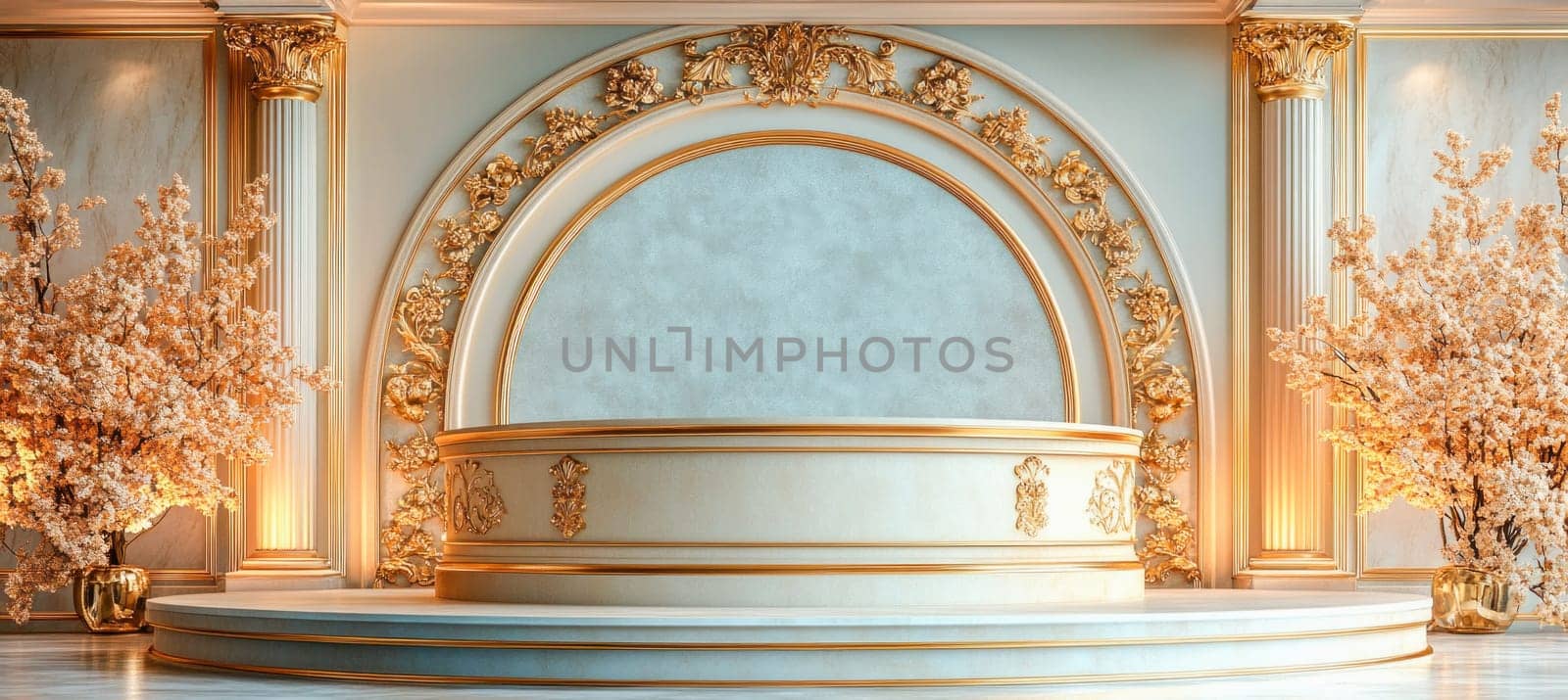 White podium with gold details standing in bright classic interior with columns and artificial blooming trees in golden vases