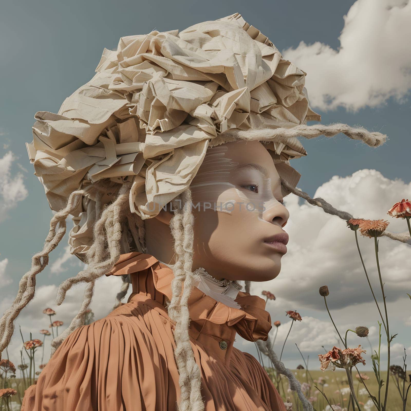 A woman with a paper hat stands in a field of flowers, resembling a sculpture in nature. Her headgear adds an artistic touch to the scene, under a sky filled with clouds