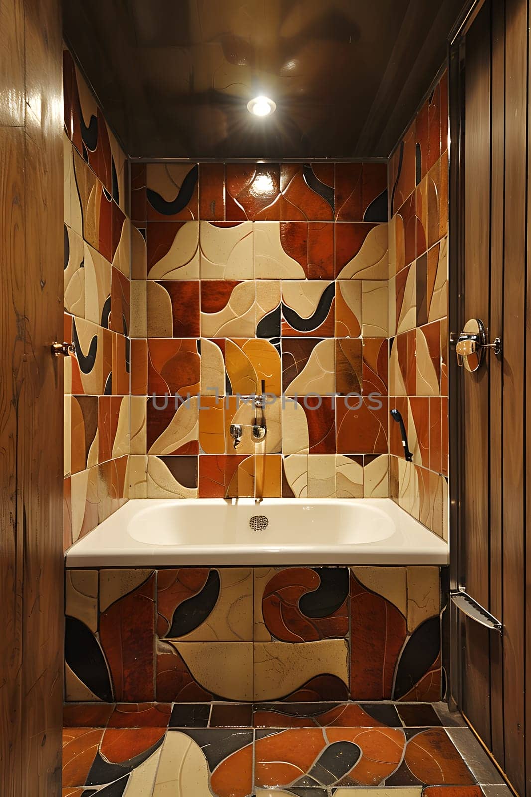 An interior design featuring a bathroom with a bathtub surrounded by colorful tiles. The room has hardwood flooring and a wooden ceiling, creating an artistic and cozy atmosphere