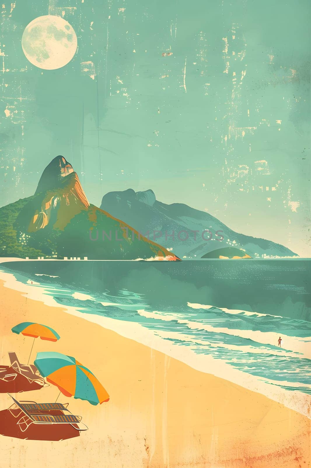 A breathtaking landscape painting featuring azure water, sandy beach, colorful umbrellas, and a clear sky with distant mountains, a true work of art