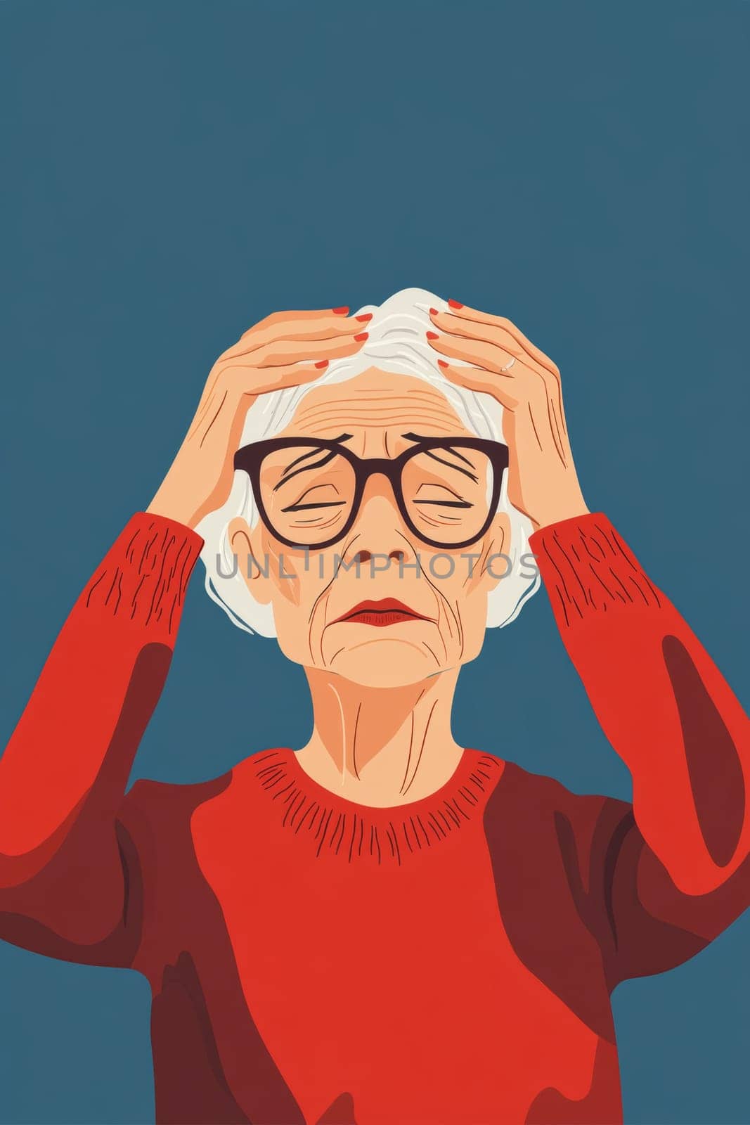 Gray-haired old woman, holding her head, suffering from headache. Sad pensioner in a burgundy sweater on a blue background. High quality photo