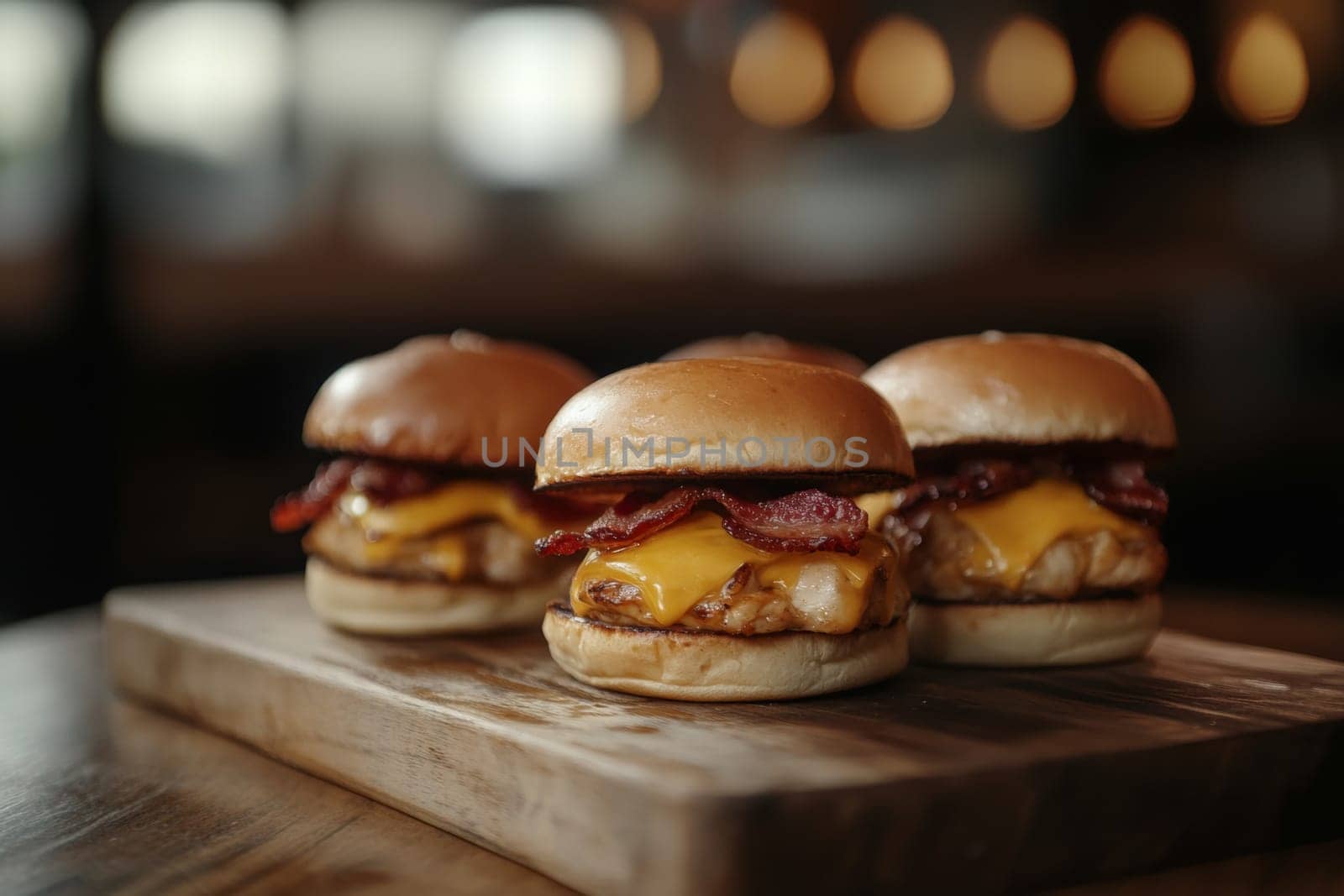 Three juicy tasty hamburgers lie on a wooden table in a bar or cafe. High quality photo