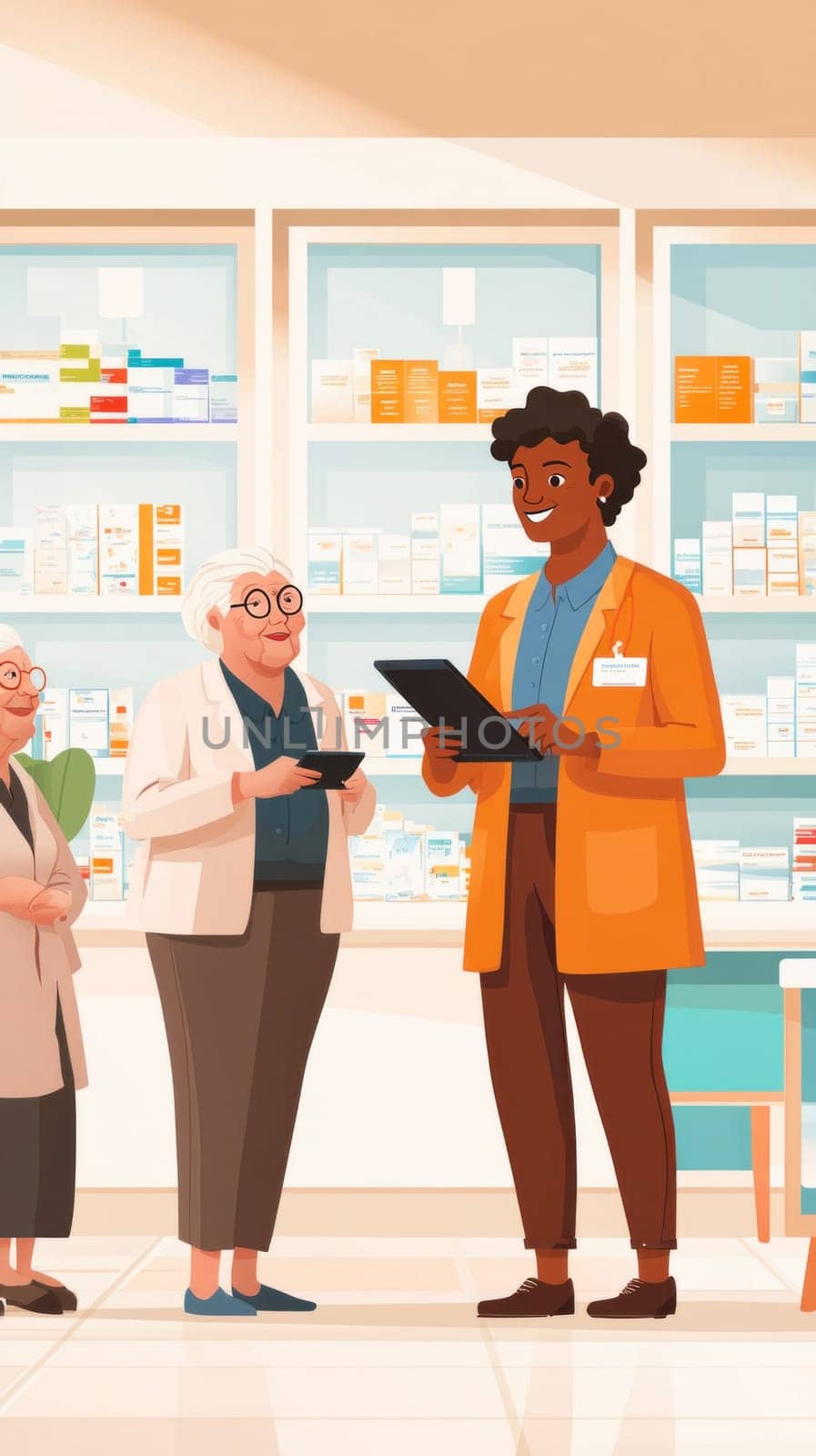 Friendly pharmacist assisting elderly customers with prescription and medication in a modern drugstore