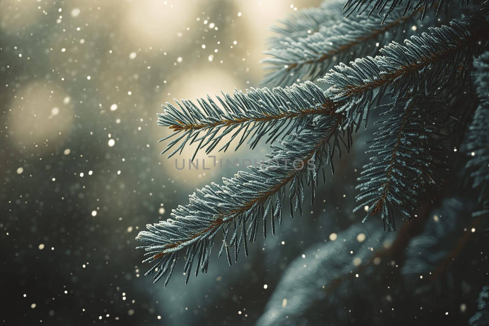 A branch of a coniferous tree covered with snow in a winter forest. High quality photo