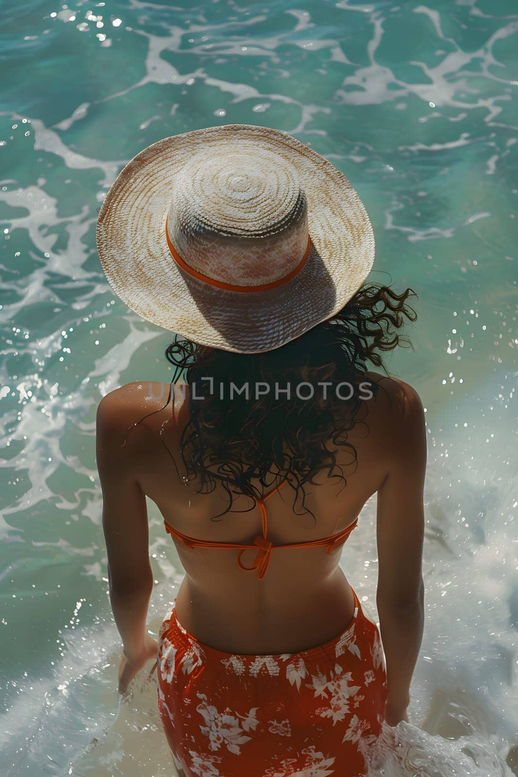 A woman wearing a sun hat and bikini is leisurely standing in the liquid of the ocean, with the water reaching her thighs, enjoying recreational activities