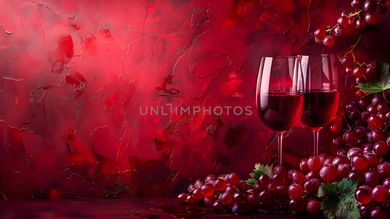 Plantbased liquid in drinkware, accompanied by grapes on a red tableware. This natural food display features pink and magenta hues