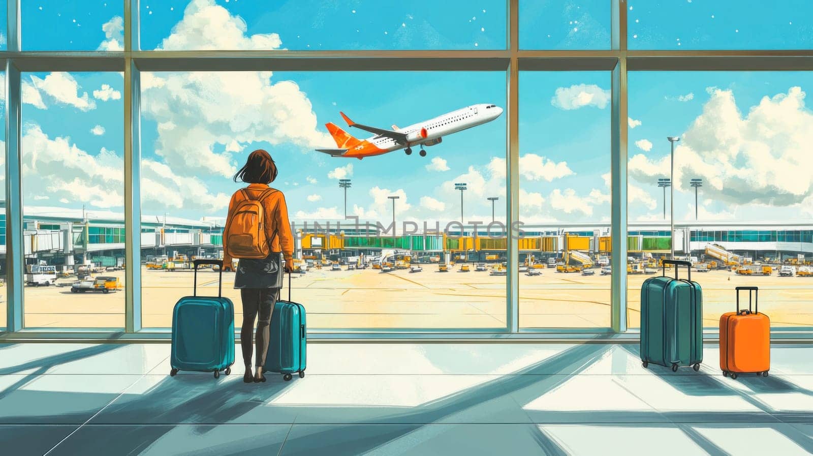 Tourist with luggage watching airplane taking off at airport terminal window, travel and vacation concept