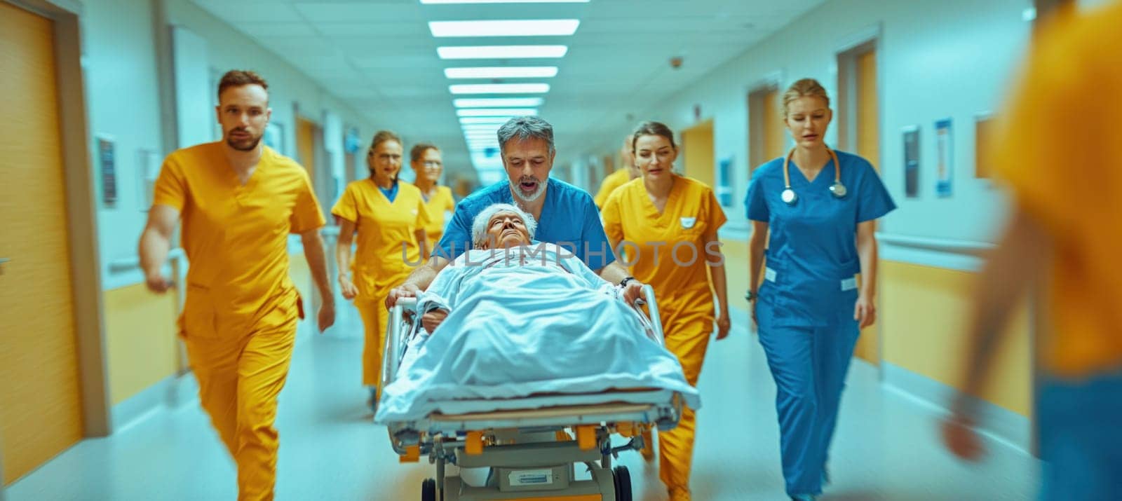 Medical team quickly transporting elderly patient on gurney through hospital corridor