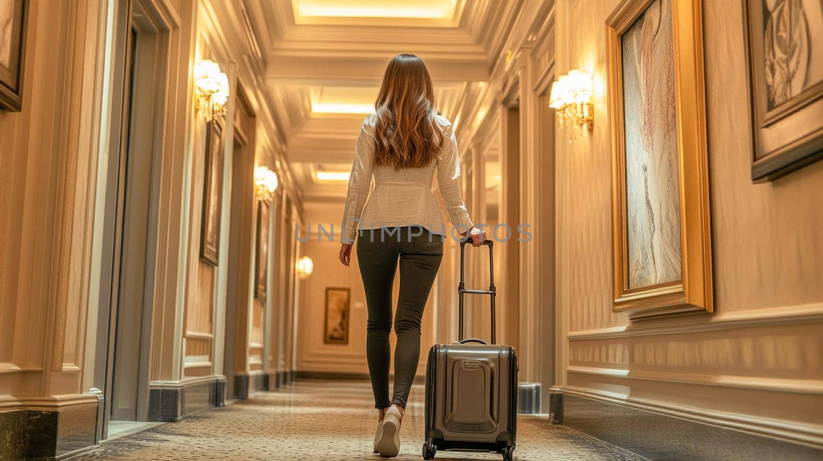 Elegant businesswoman walking down the hallway of a luxury hotel, pulling her rolling suitcase