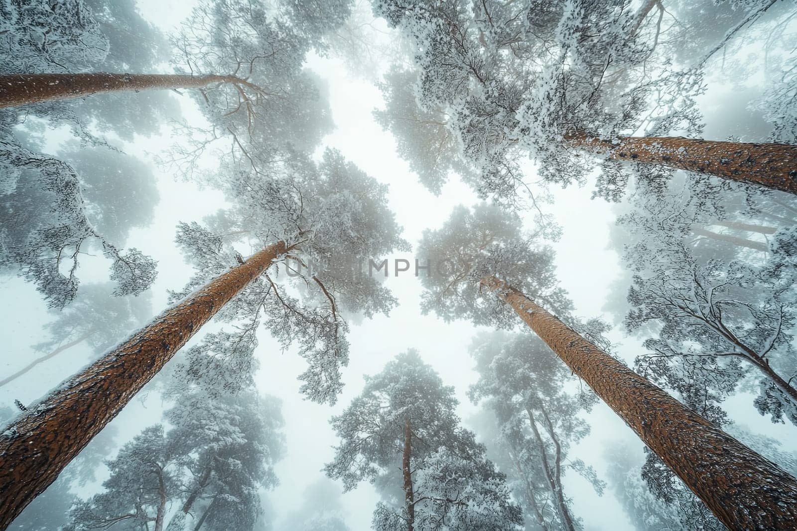 Bottom up view of tree tops in winter forest. High quality photo