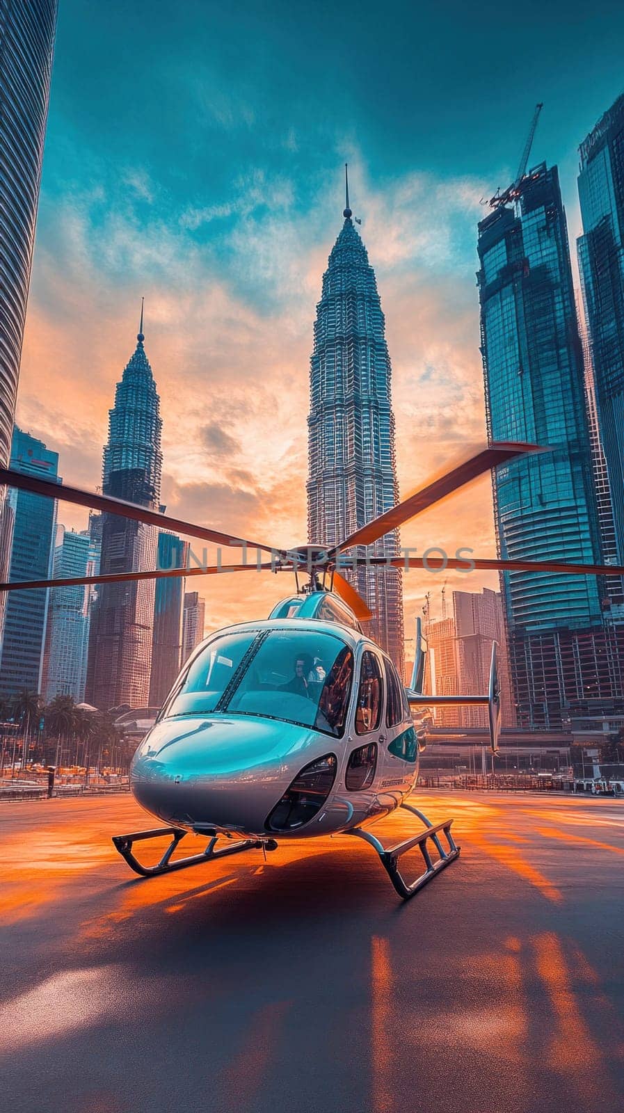 Modern helicopter landed near petronas twin towers in kuala lumpur, malaysia, during a beautiful sunset
