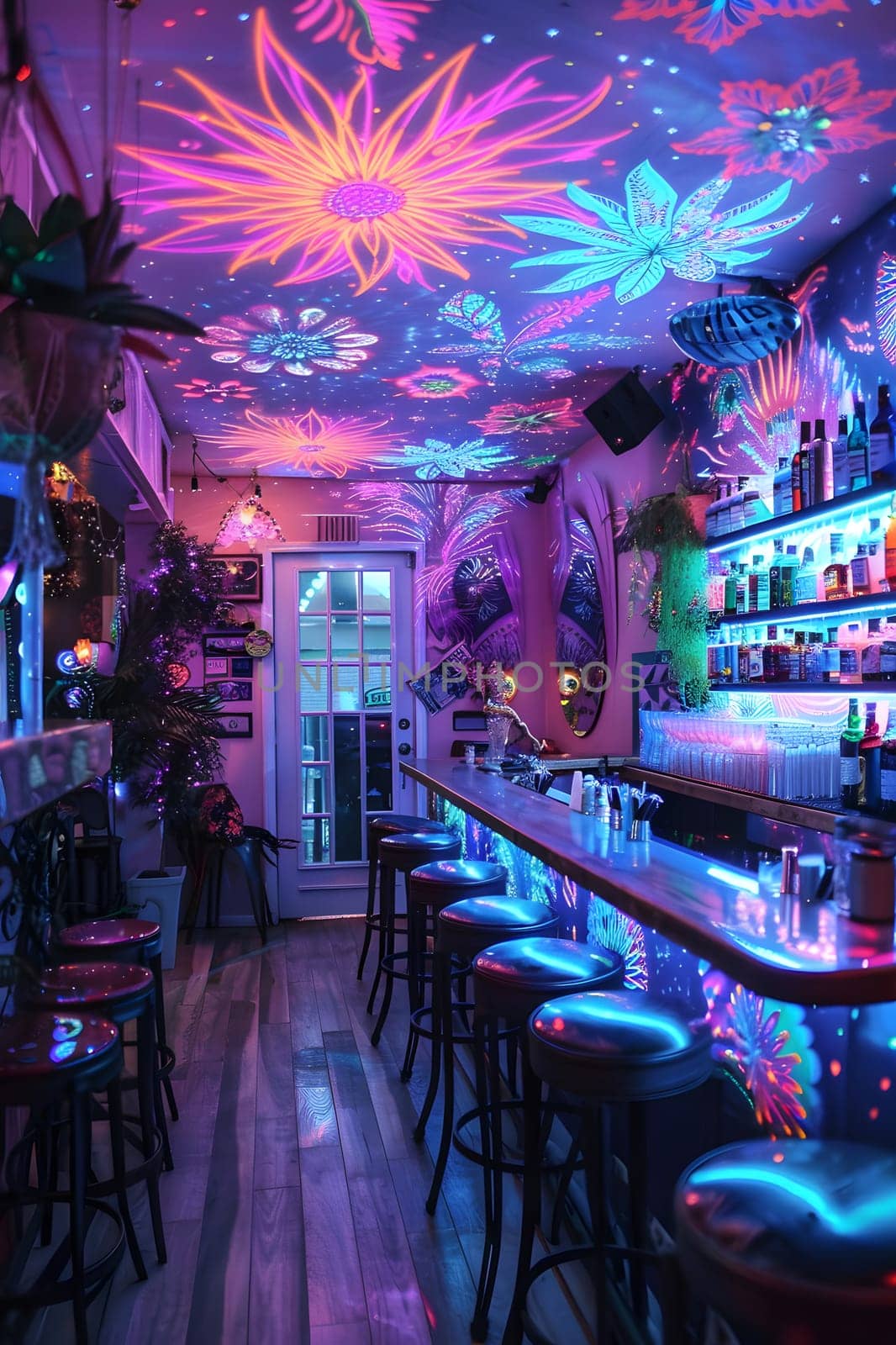 A vibrant drinking establishment with a neonlit ceiling and stools in shades of purple, magenta, and electric blue. Perfect for events and music venues