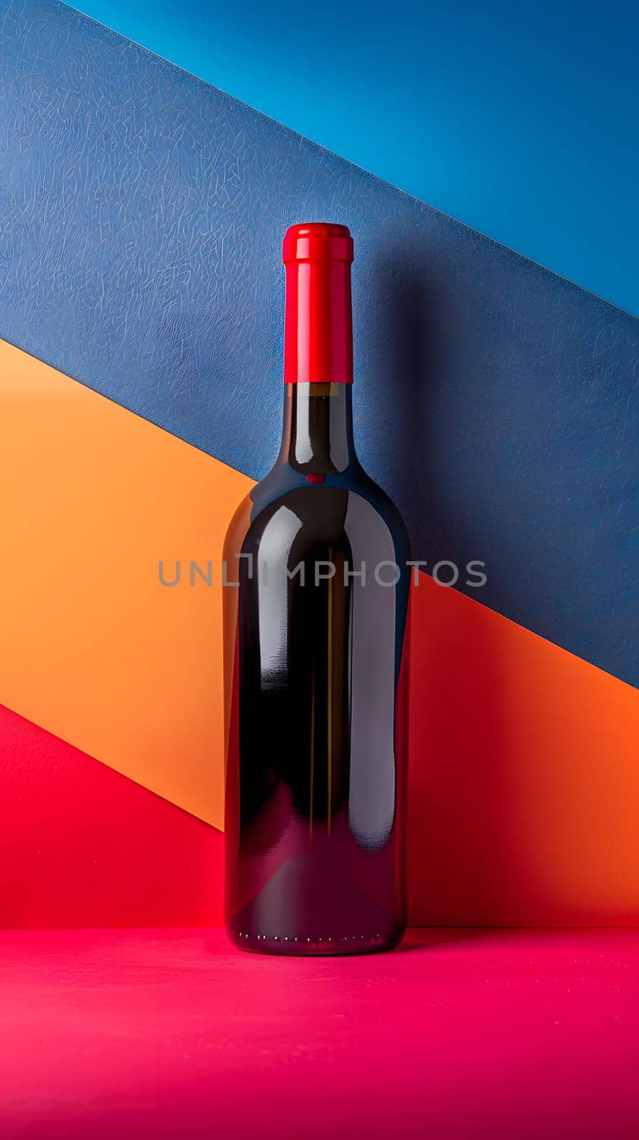 A glass bottle of red wine with a vibrant red cap stands out against a colorful background, showcasing the rich hues of the alcoholic beverage inside
