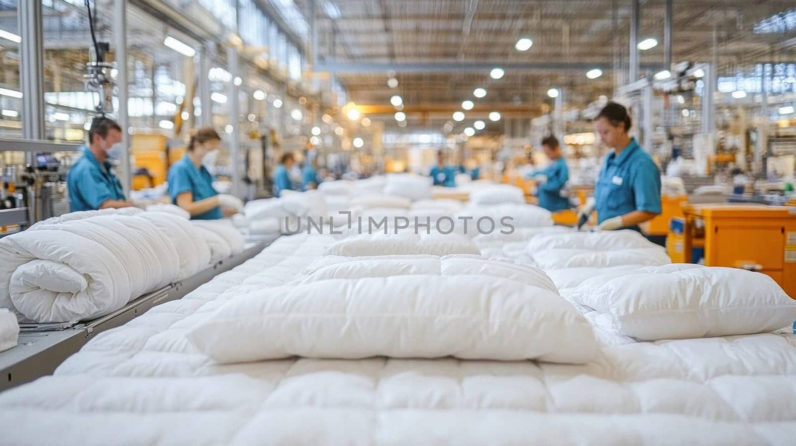 Production line of pillows and comforters being manufactured by factory workers in a textile plant