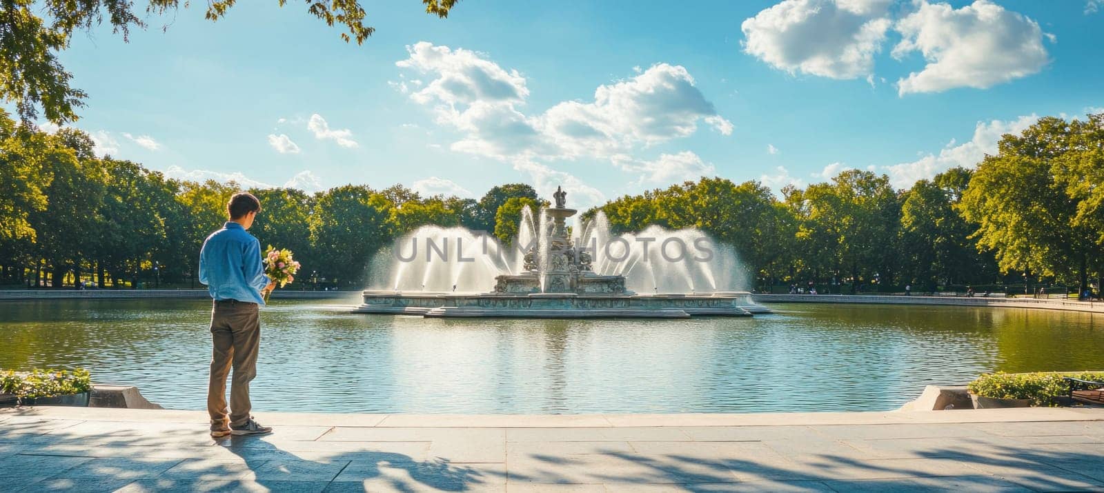 Man holding flowers admiring james scott memorial fountain in belle isle park, detroit, michigan, on a sunny day