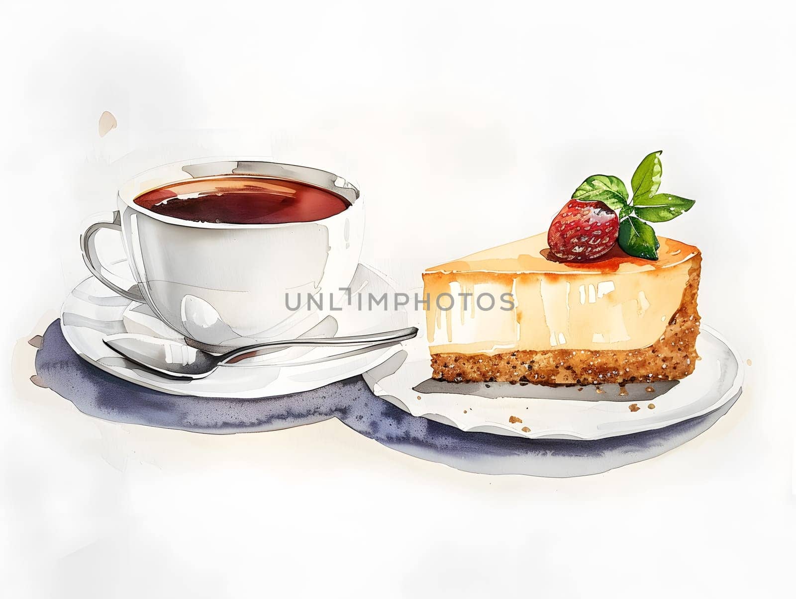 A serving of coffee in a cup paired with a slice of cheesecake on a plate, a delightful combination of a drink and dessert on serveware