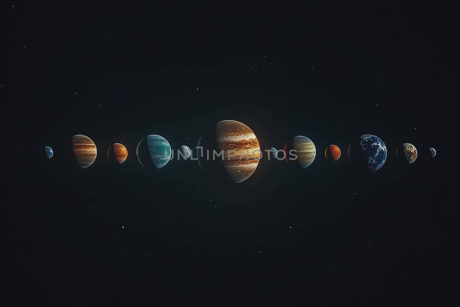 Solar system with nine planets aligned in curve against dark space.